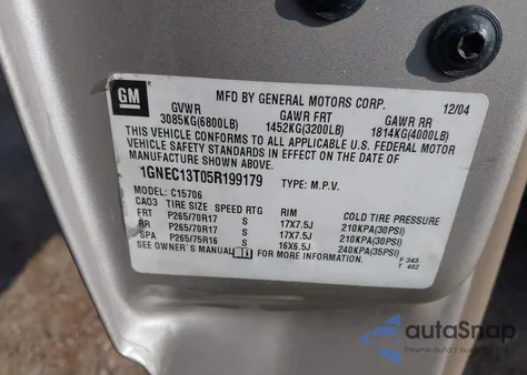 2005 Chevrolet Tahoe Z71 из США, поврежденный, VIN 1GNEC13T05R199179